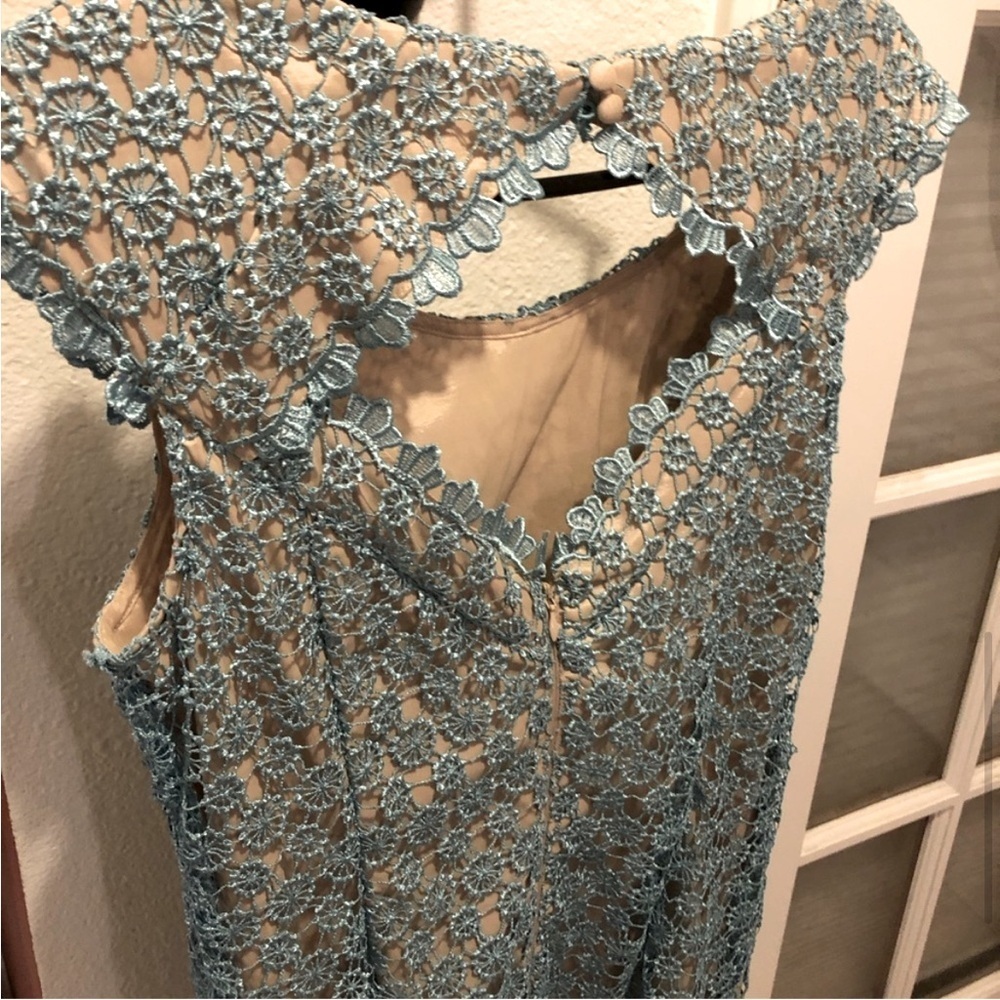 🖤5/$25 Adriana Papell Lace chrochet dress open back blue sea foam trim detail NW - Picture 6 of 16